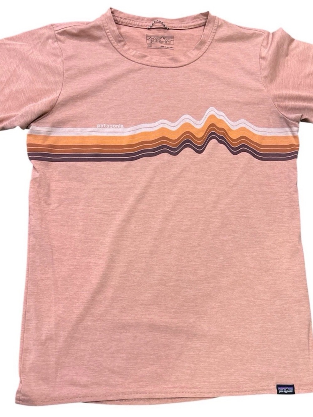 Patagonia Pink Short-Sleeve Tee with Retro Stripe Graphic